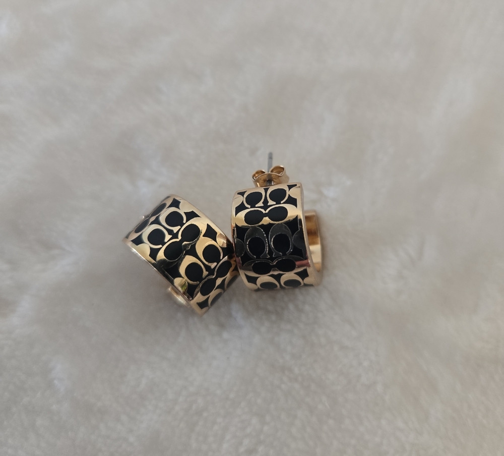 Coach Gold and Black Patterned Hoop Earrings